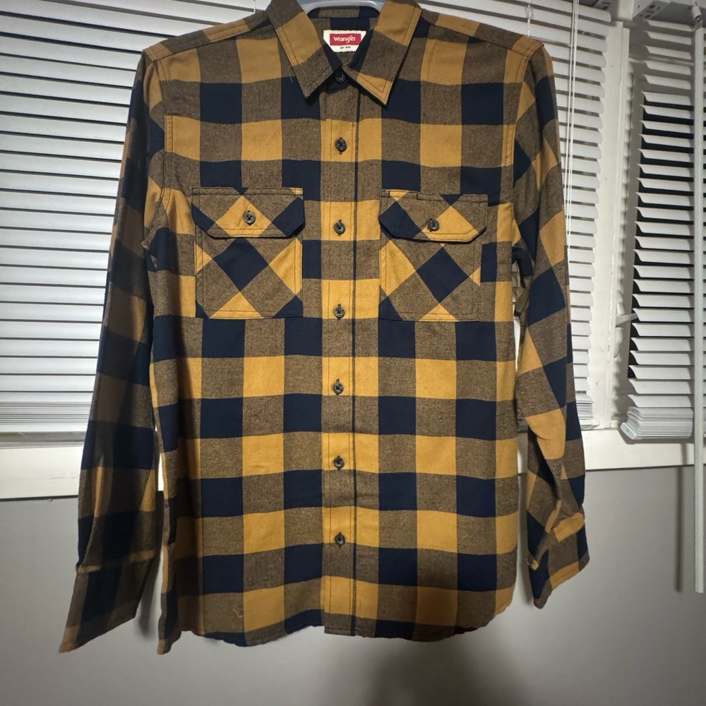 Wrangler Men's Mustard and Navy Plaid Shirt